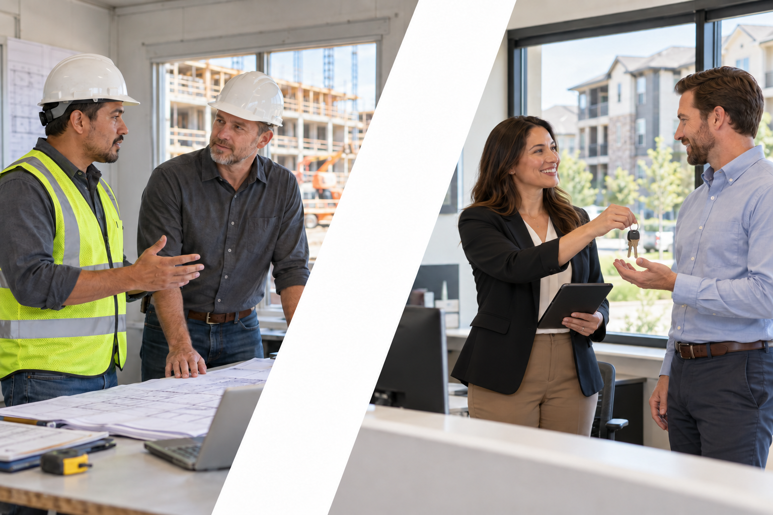 Construction planning at left and a property manager handing apartment keys to a representative at right.