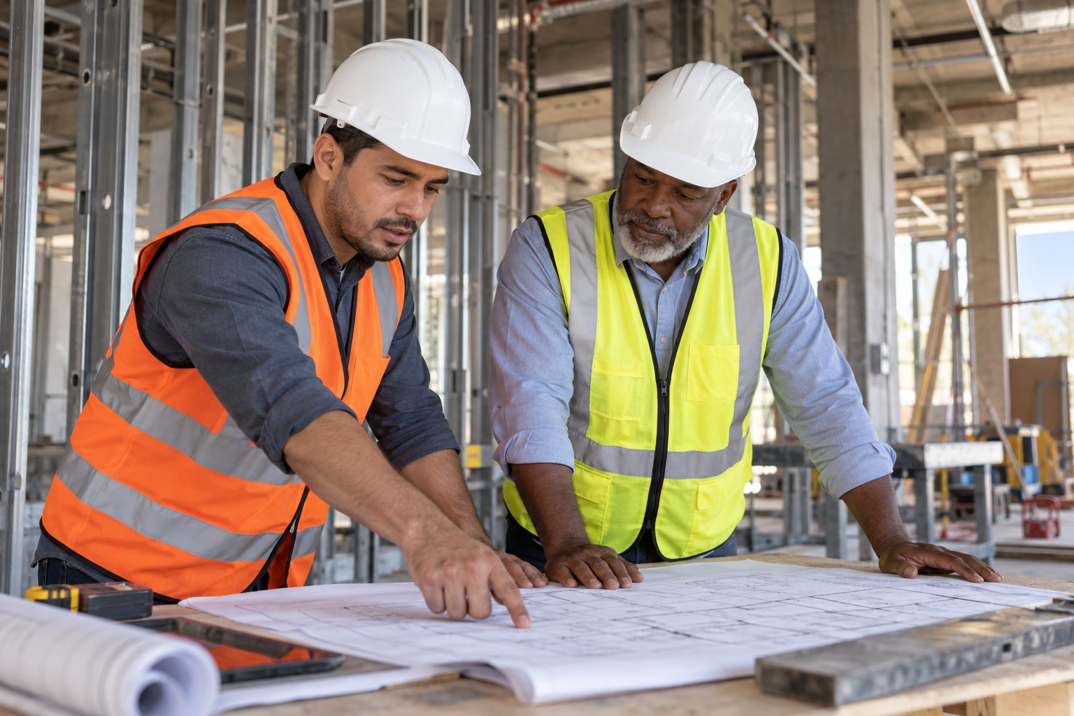 Two distinct construction professionals reviewing plans inside an unfinished commercial building.