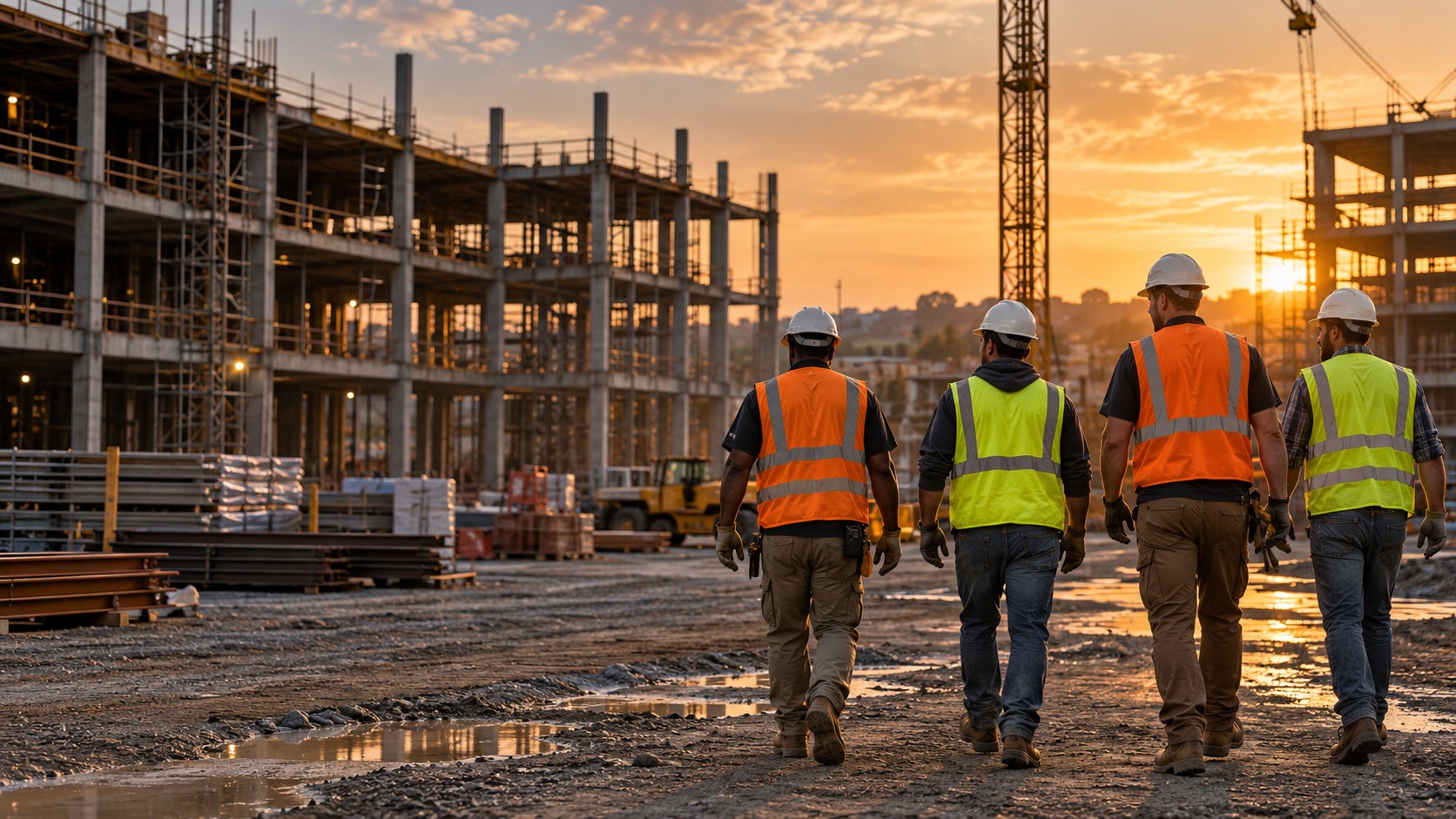 Four construction workers walking toward an active project at golden hour.
