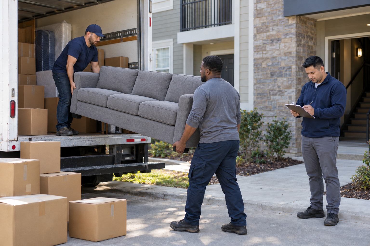 Two movers unload a gray couch while a housing coordinator checks the deployment details.