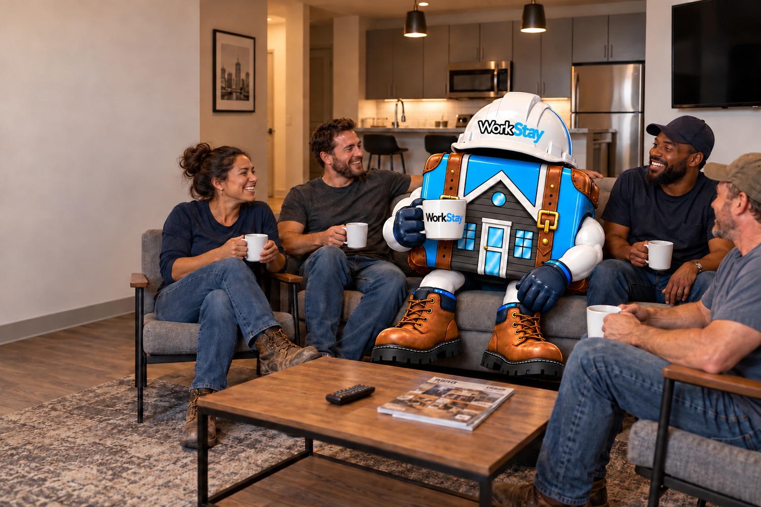 Construction coworkers relax with the WorkStay Crew mascot holding a branded coffee cup.
