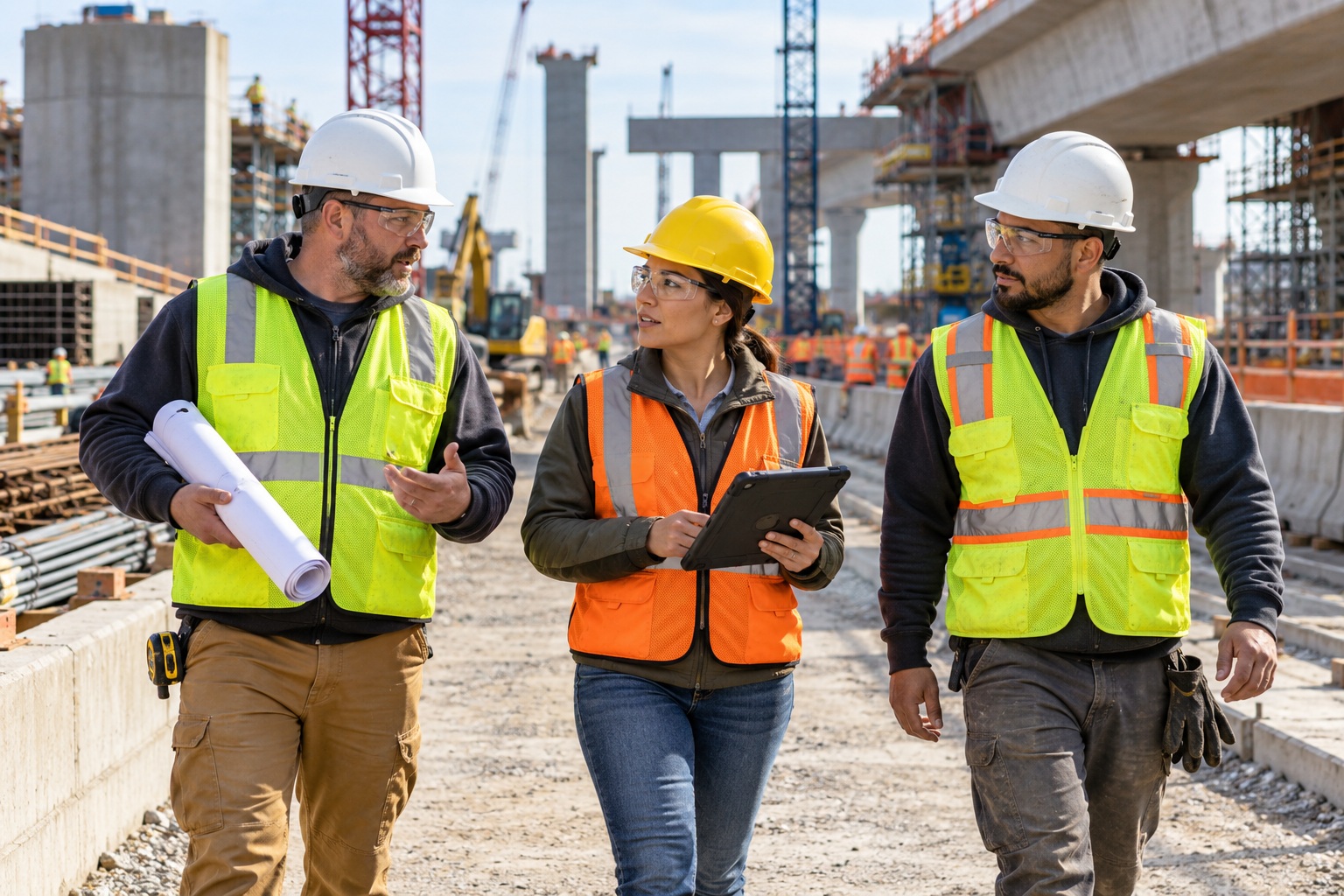 Three construction trade professionals walk through an infrastructure project with plans and a tablet.