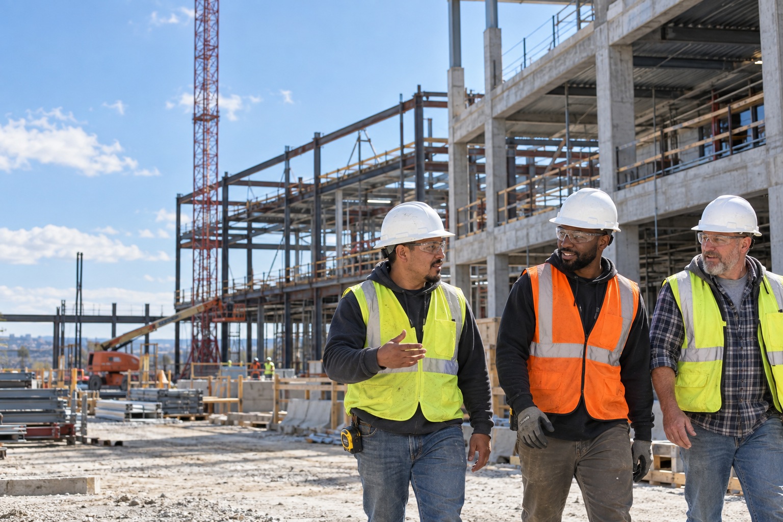 Three trade professionals at a commercial construction project.