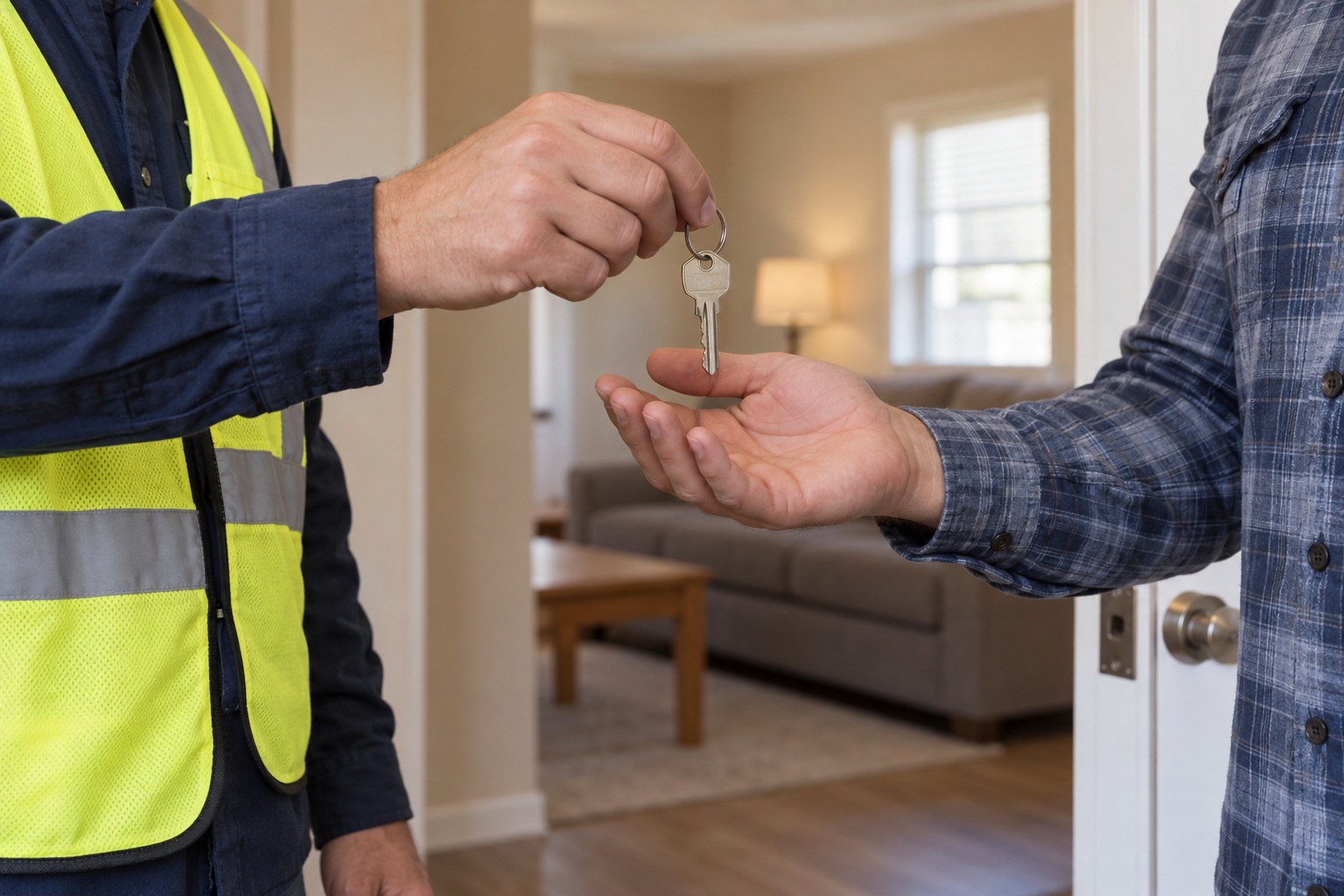 Housing key handoff between company representatives.