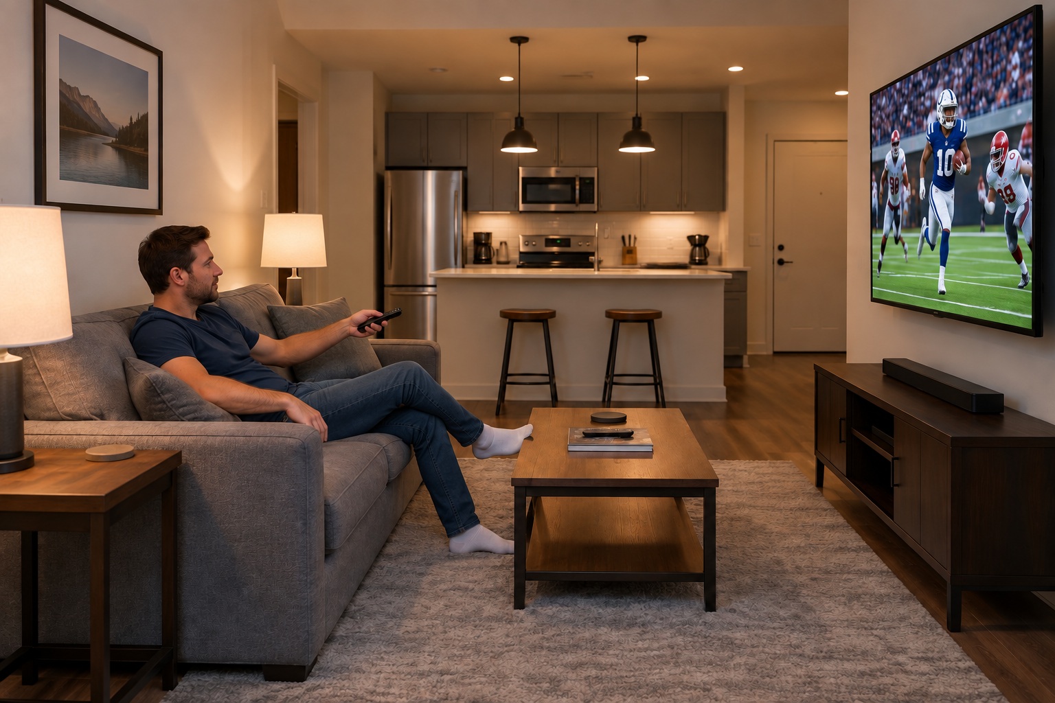 A project worker relaxes on a standard couch facing a wall mounted TV.