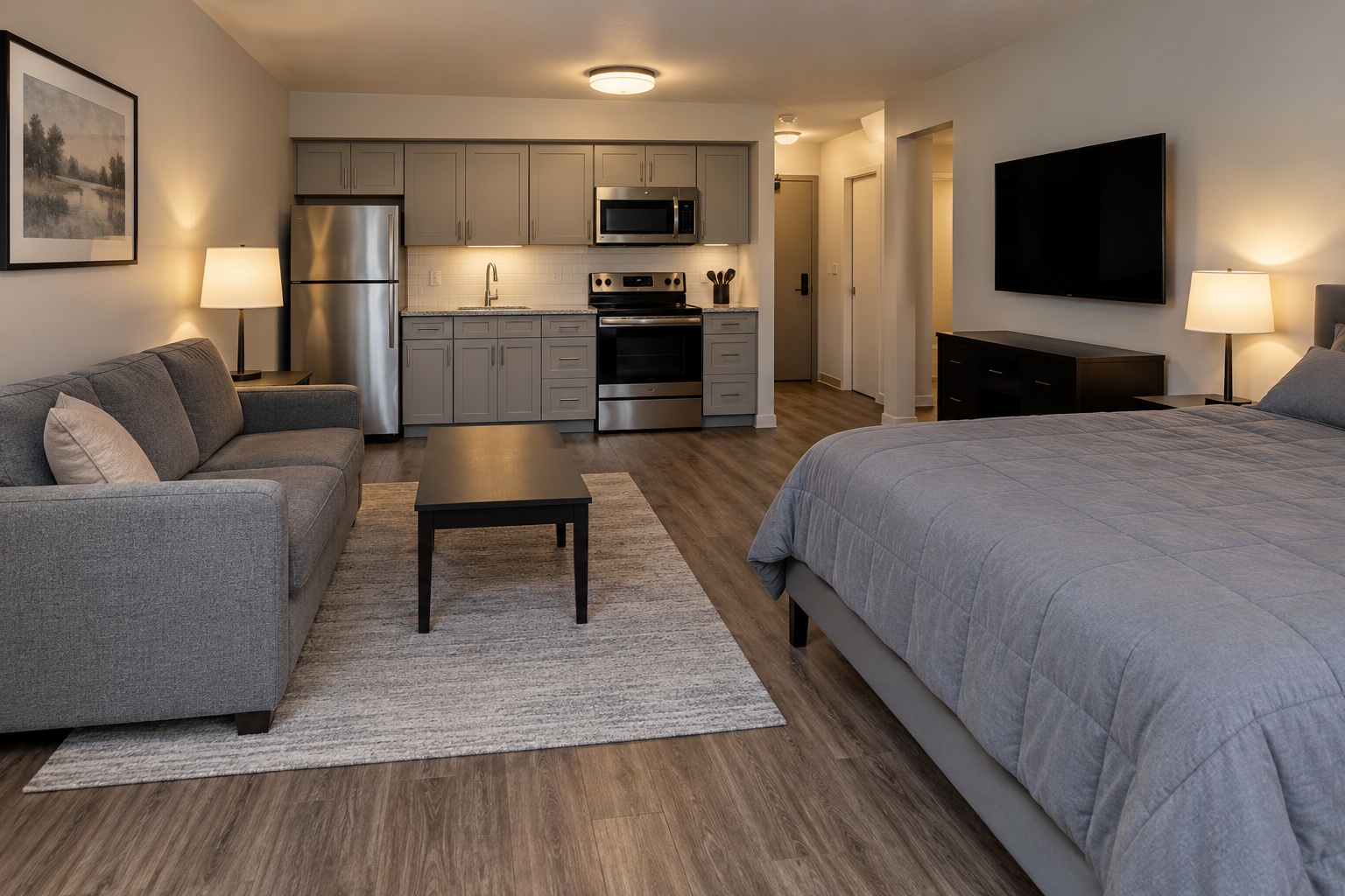 Practical studio with gray bedding, standard couch and mounted TV.