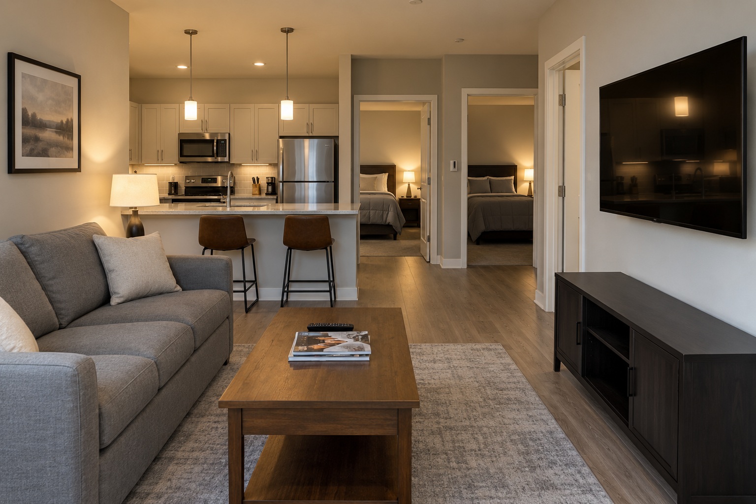 Living area and kitchen facing two separate bedroom doorways.