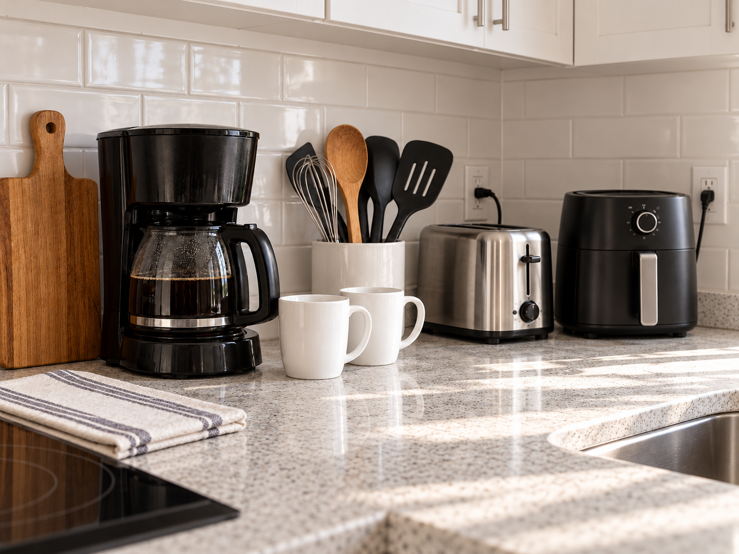 Toaster, air fryer, coffee maker and cooking utensils.