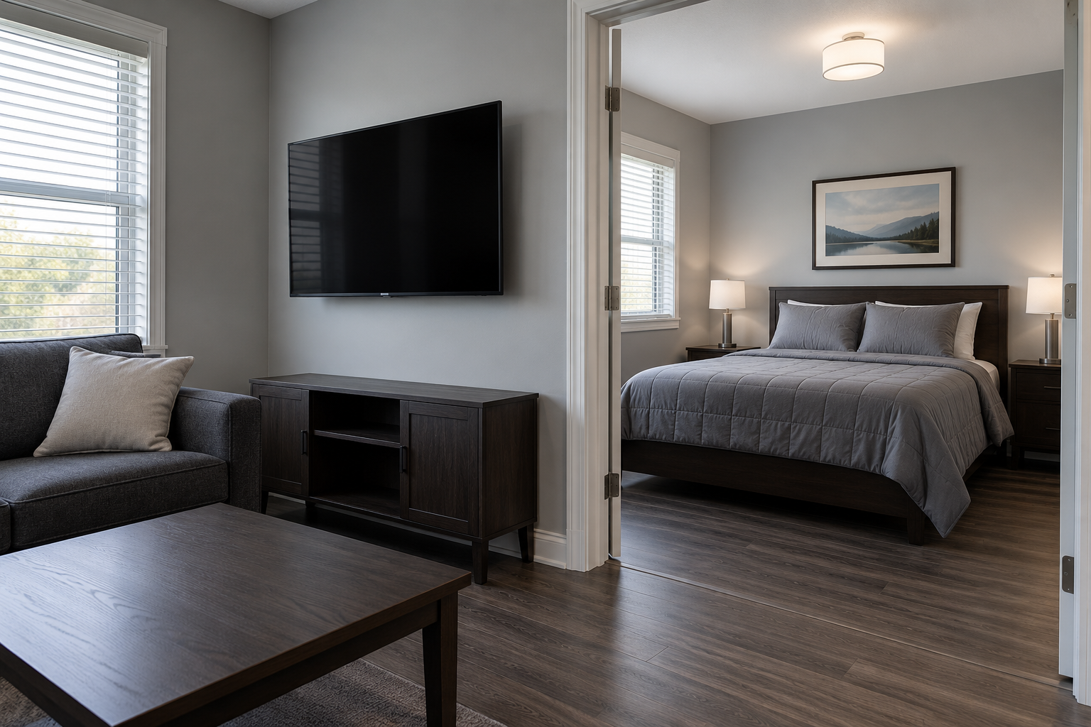 Separate bedroom in a practical furnished one-bedroom apartment.