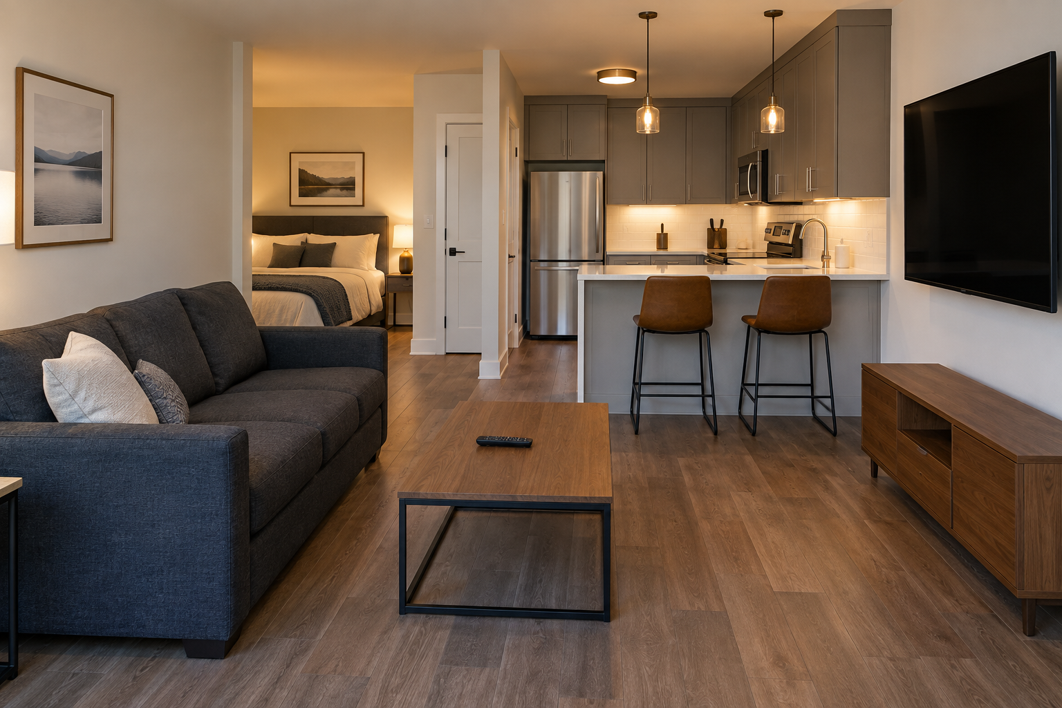 Compact furnished studio with living, kitchen and sleeping areas.