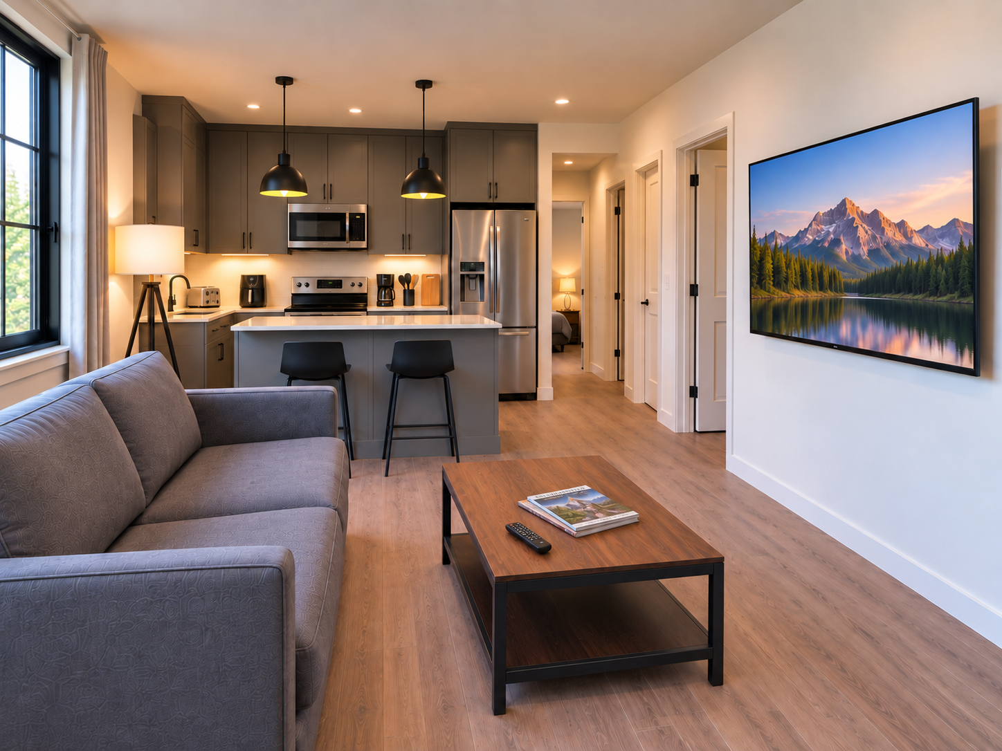 Practical furnished living room with standard couch and kitchen.