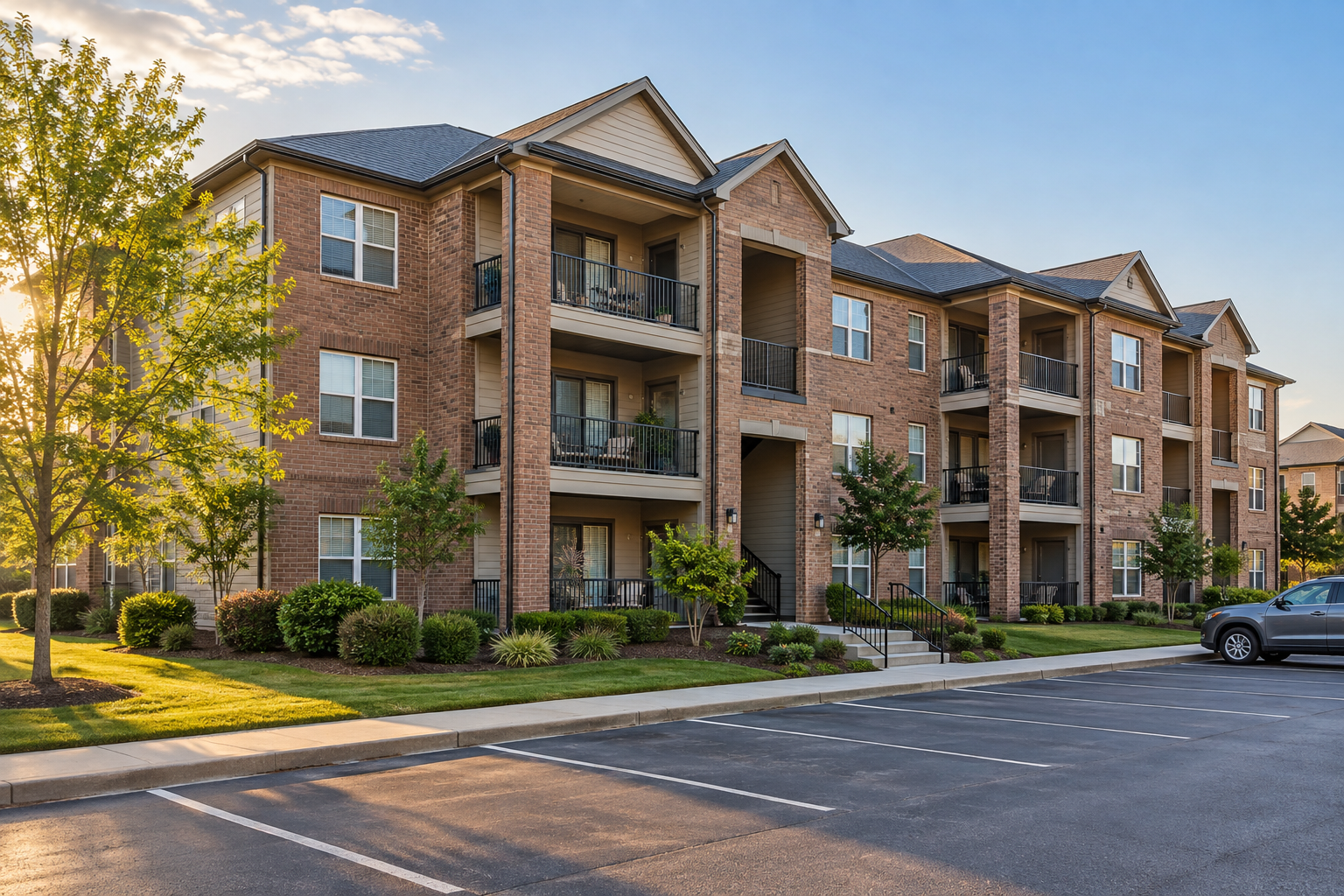 Brick apartment community with accessible parking.