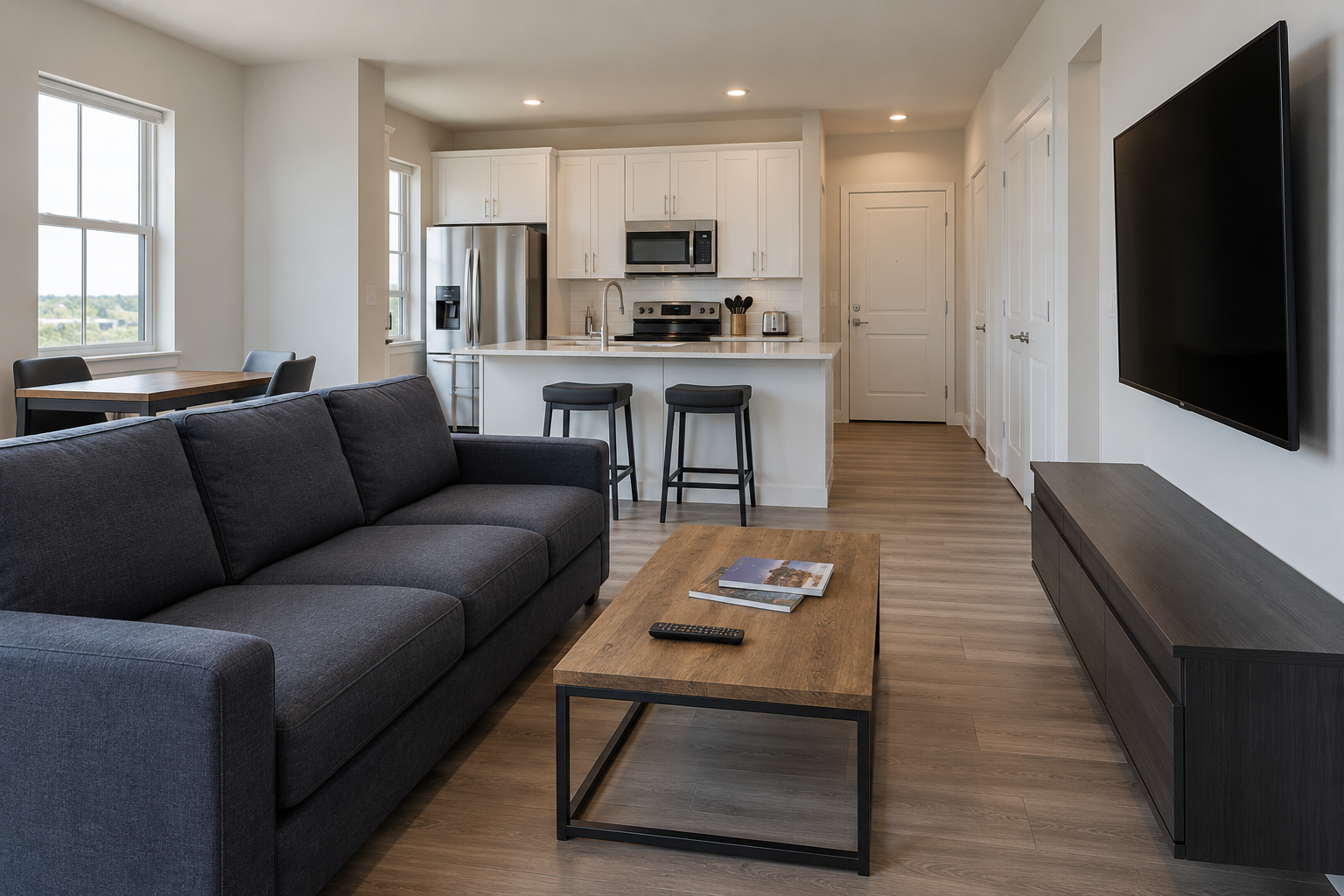 Practical crew apartment with a couch, television and kitchen.