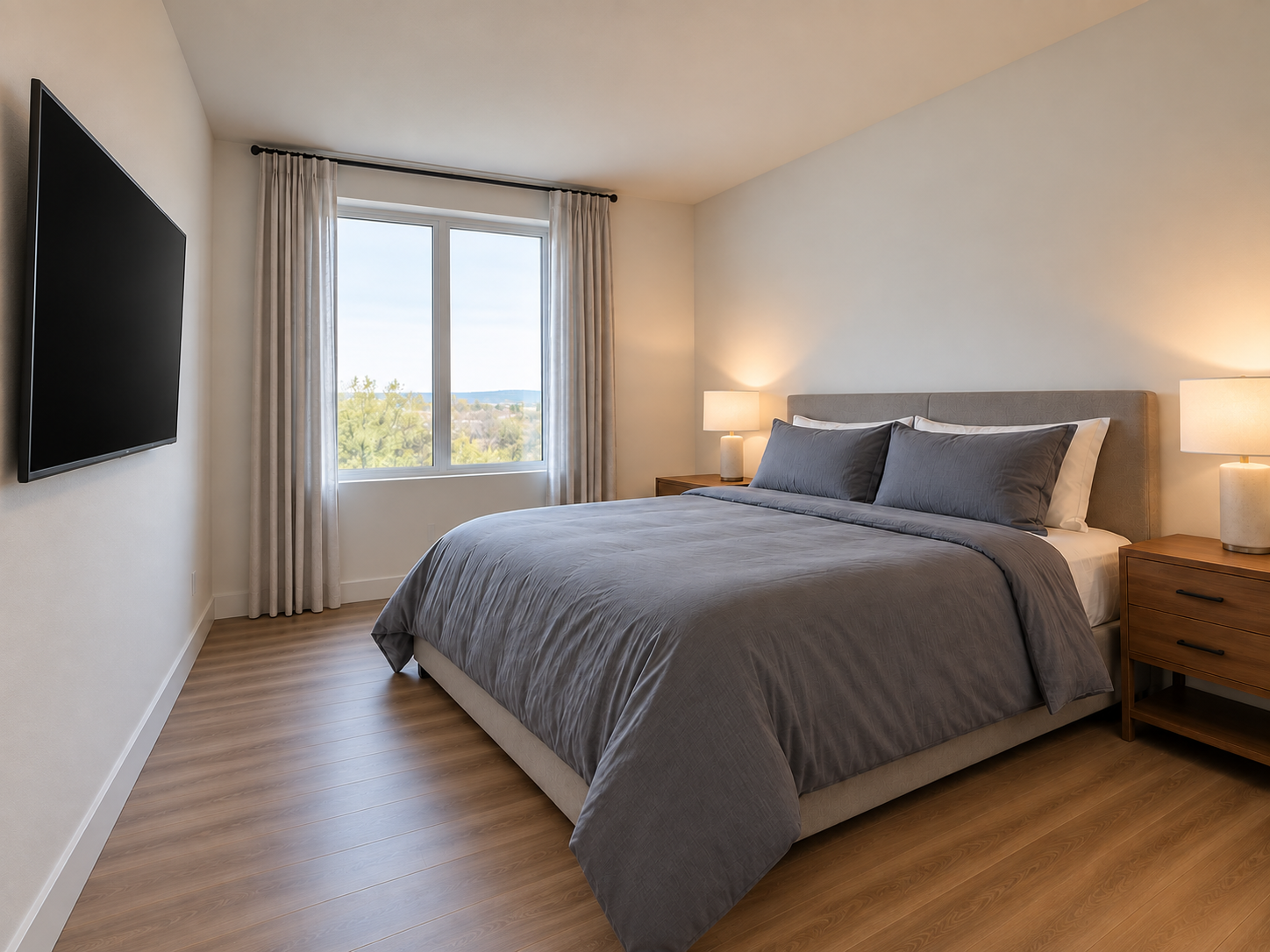 Bedroom with gray bedding and a visible television.