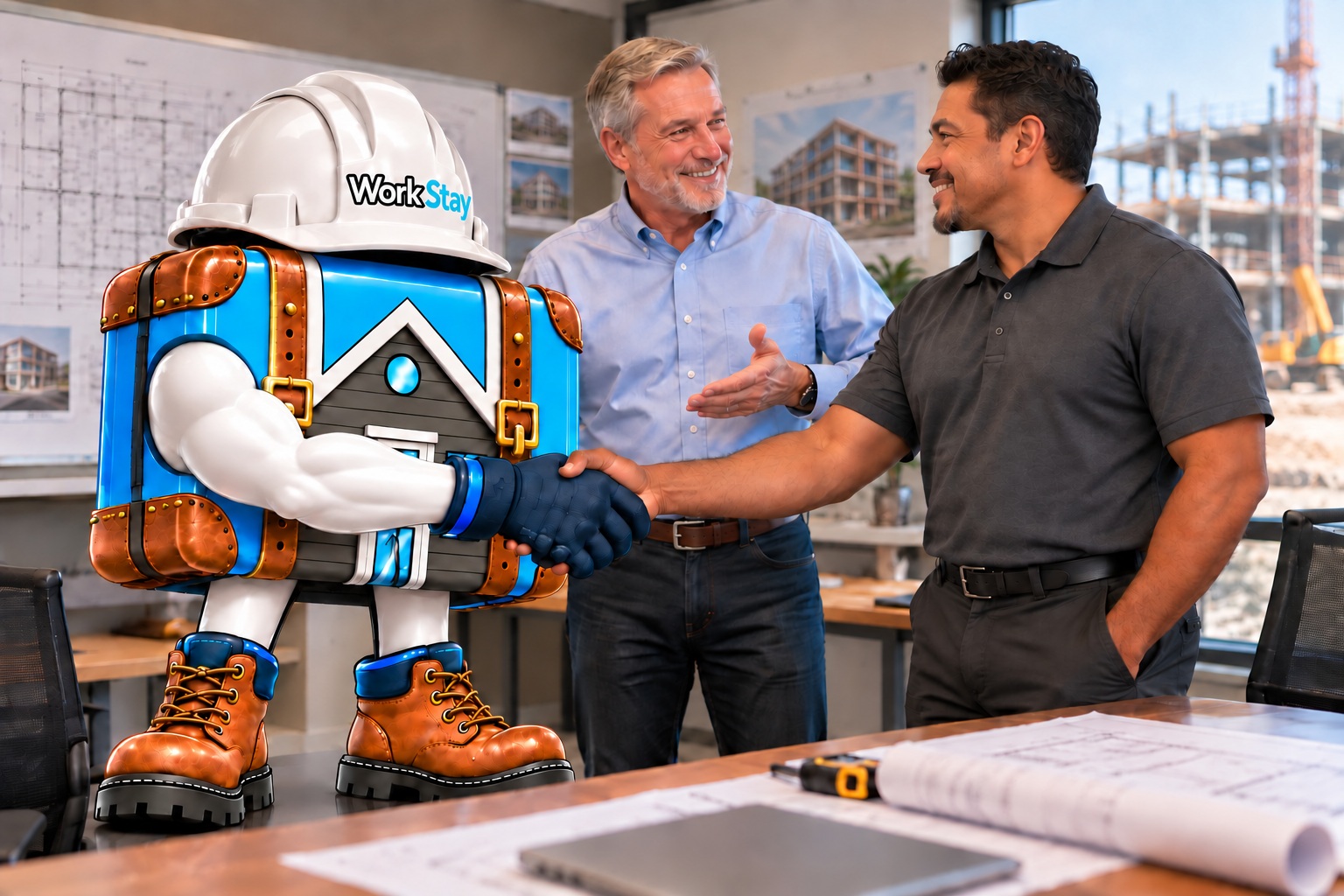 The original desk scene with a prime introducing the mascot to a Hispanic contractor during a handshake.