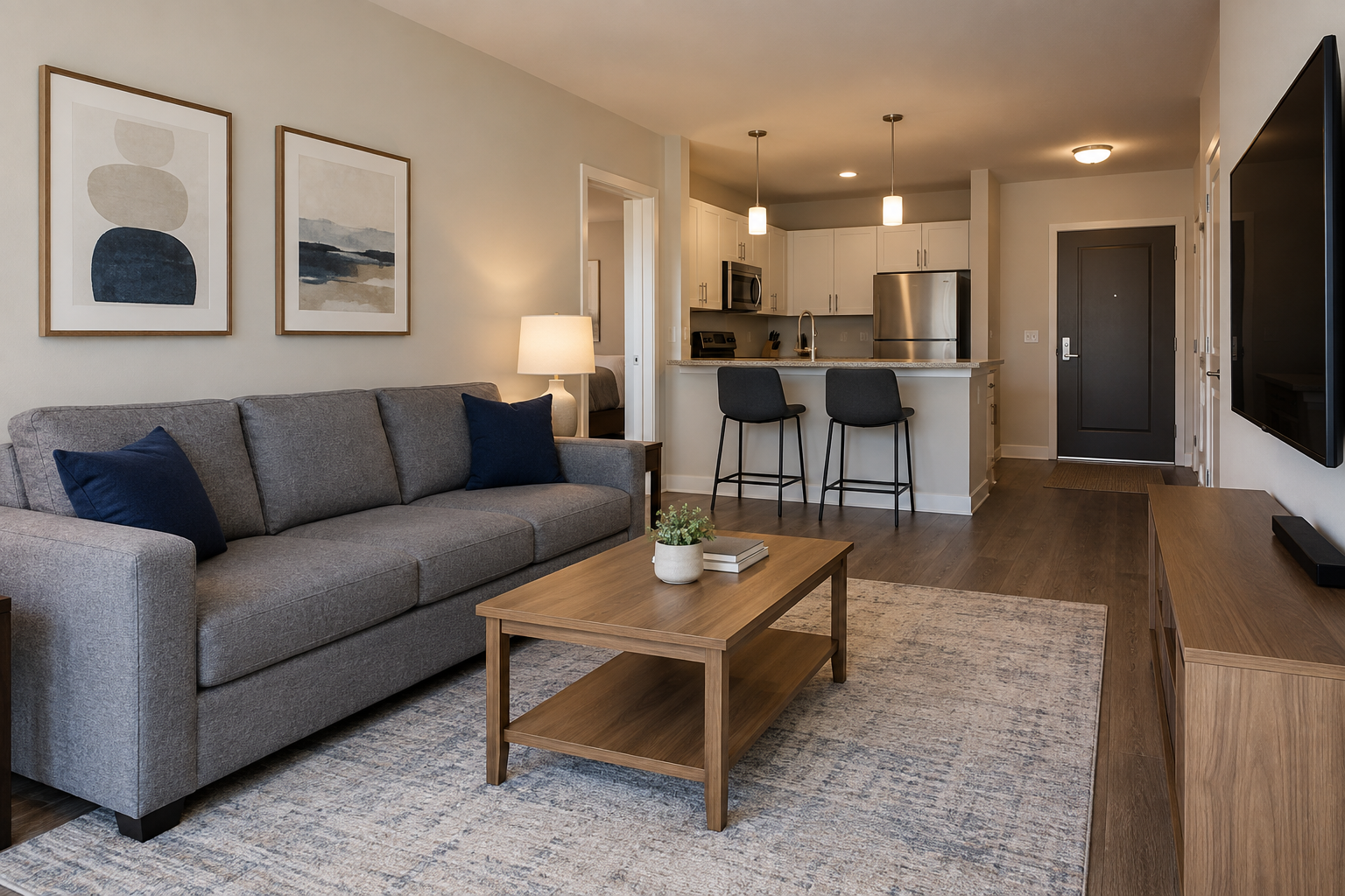 Illustrative practical furnished apartment with a straight gray couch and wall-mounted television