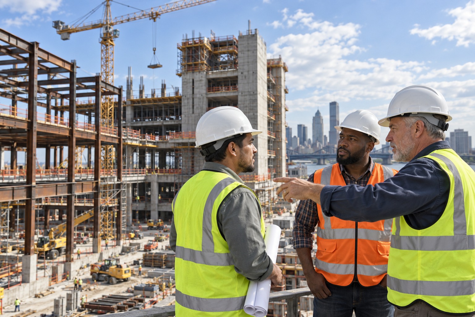 Three distinct construction professionals at an active commercial project.