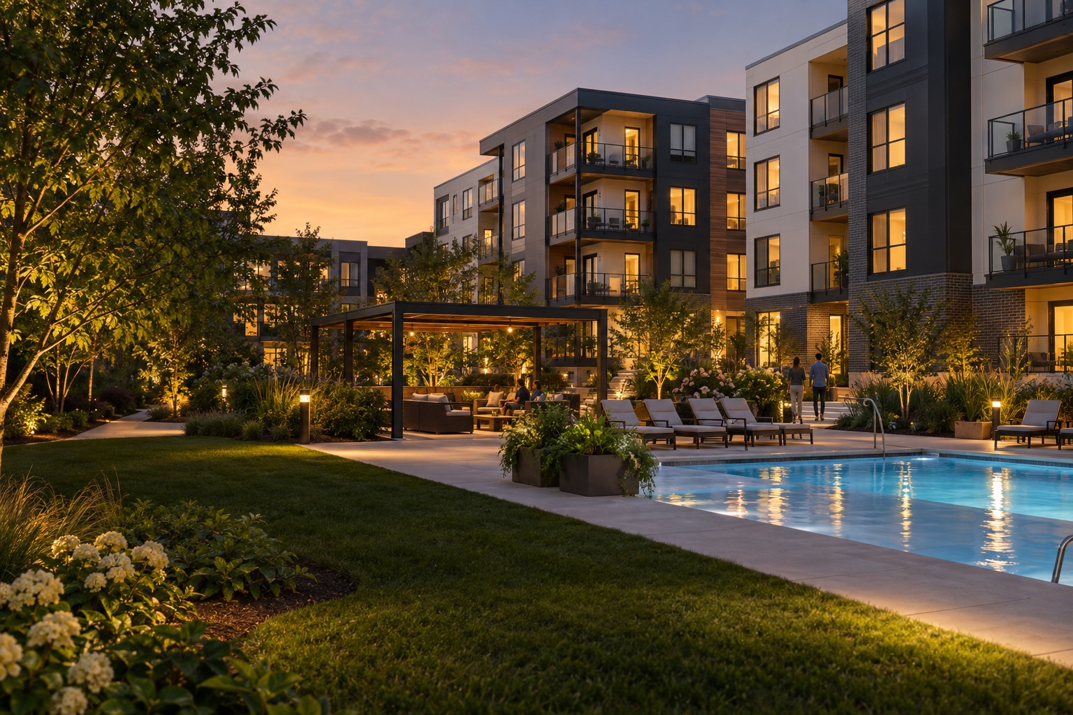 Apartment community courtyard at dusk.