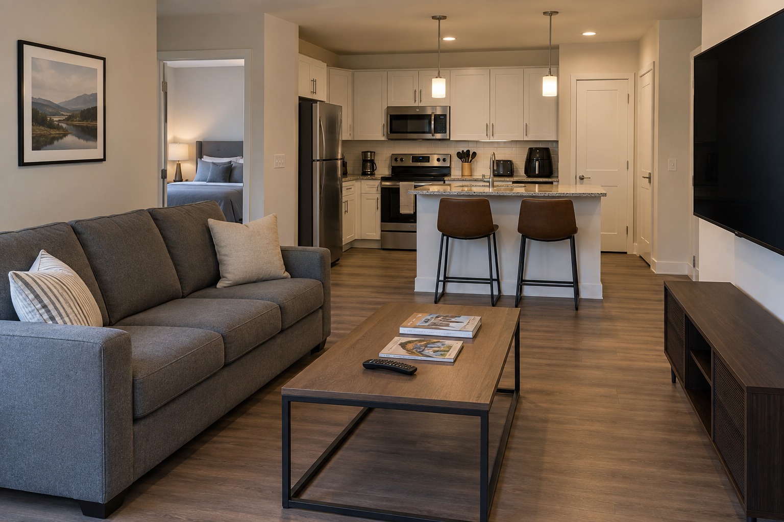 Practical furnished apartment with a visible television and kitchen.