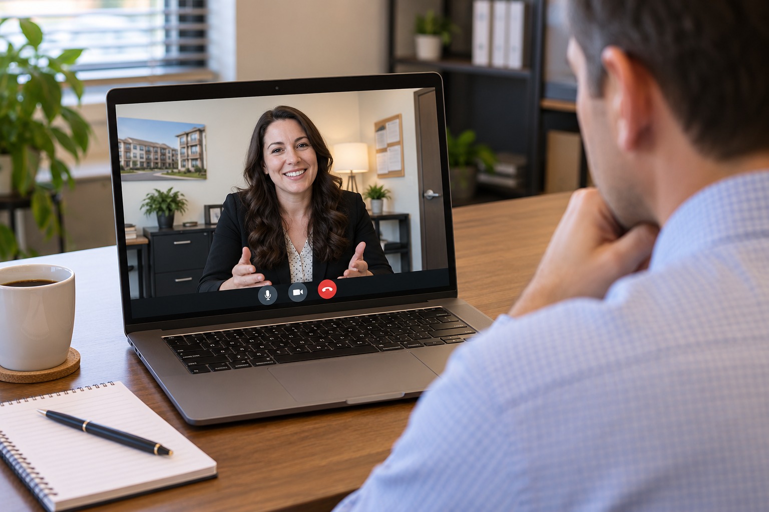 A representative speaking with a property manager by video call.