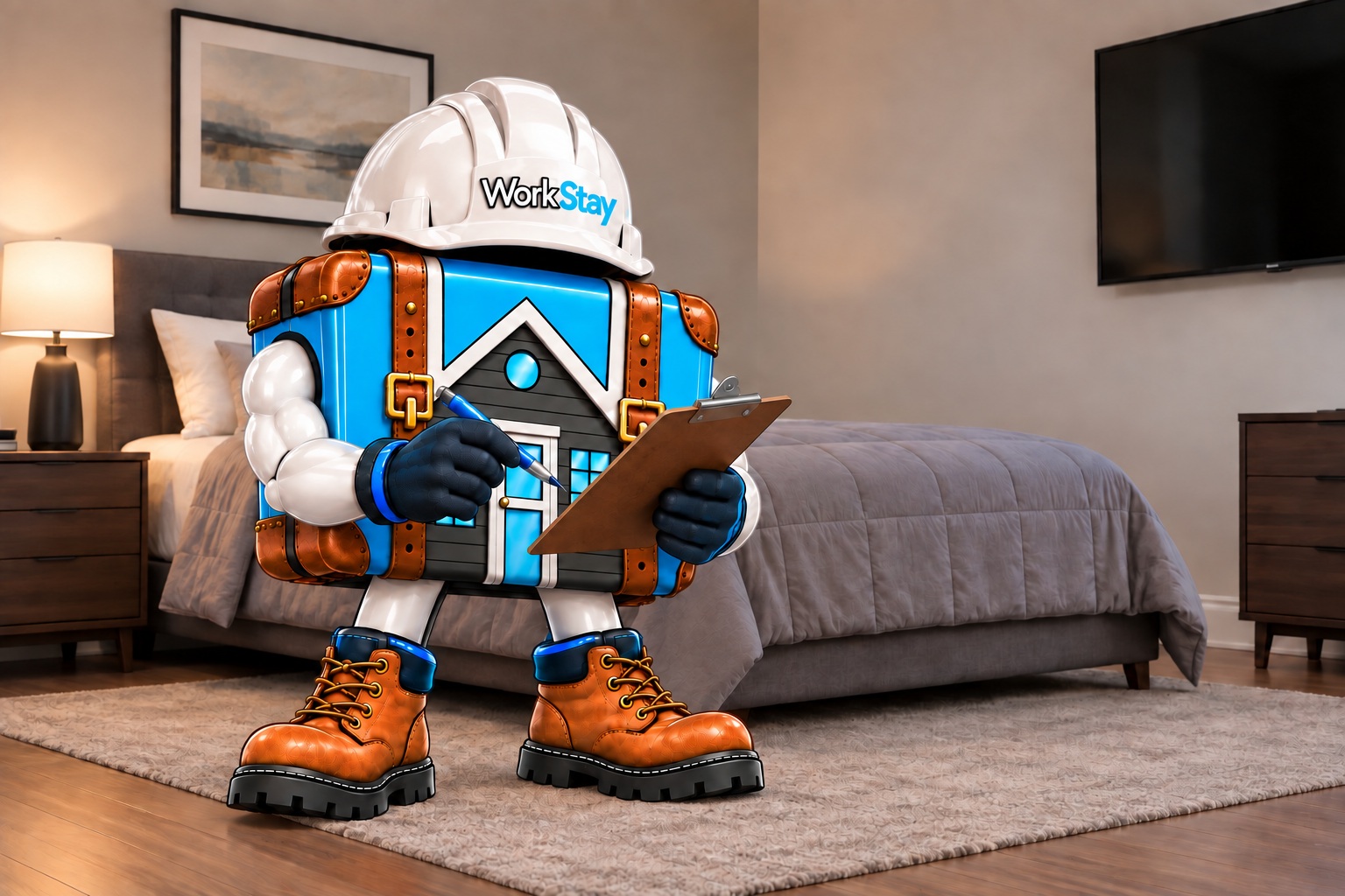 The approved suitcase mascot writes on a clipboard in a furnished apartment.