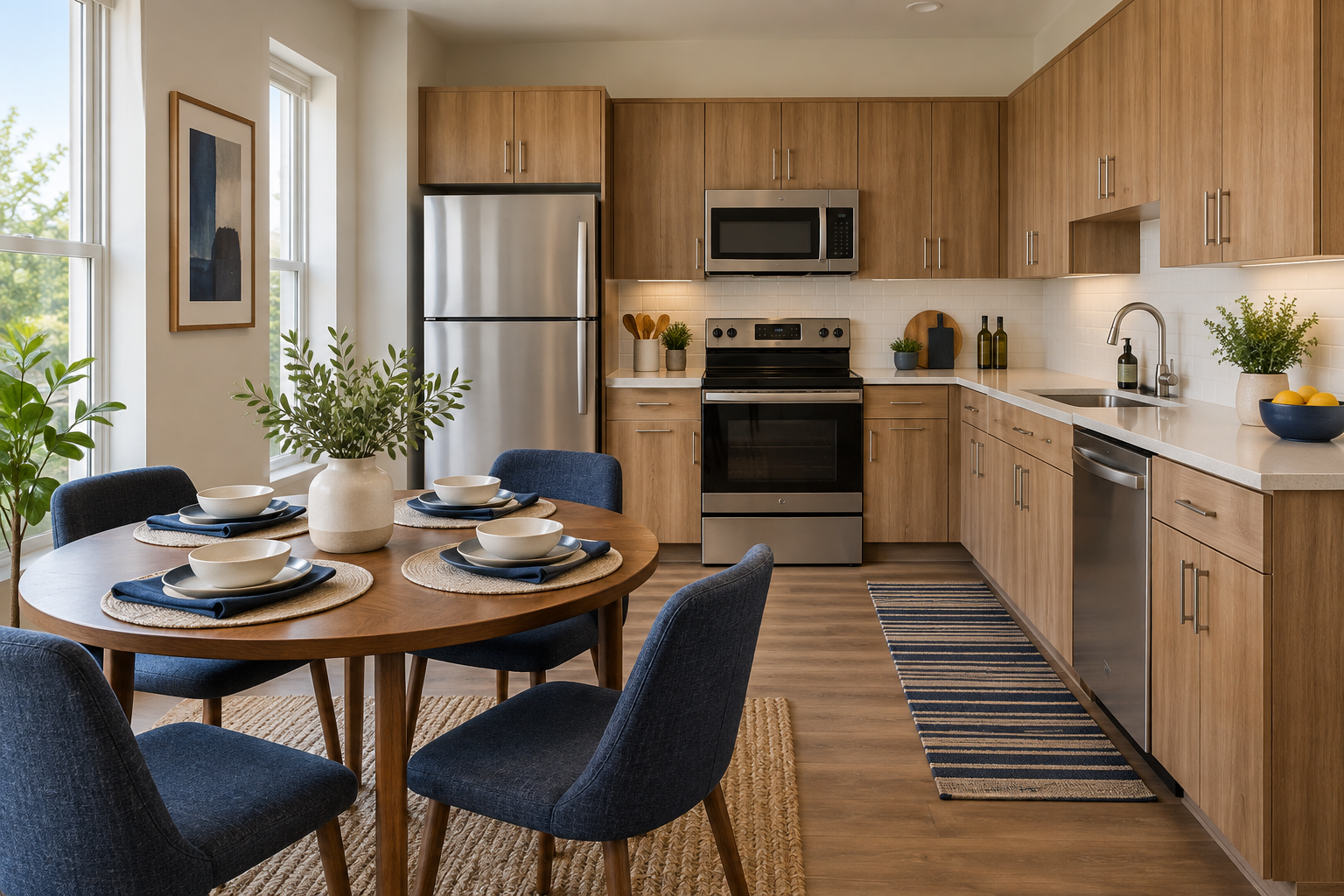 Illustrative full kitchen and dining space