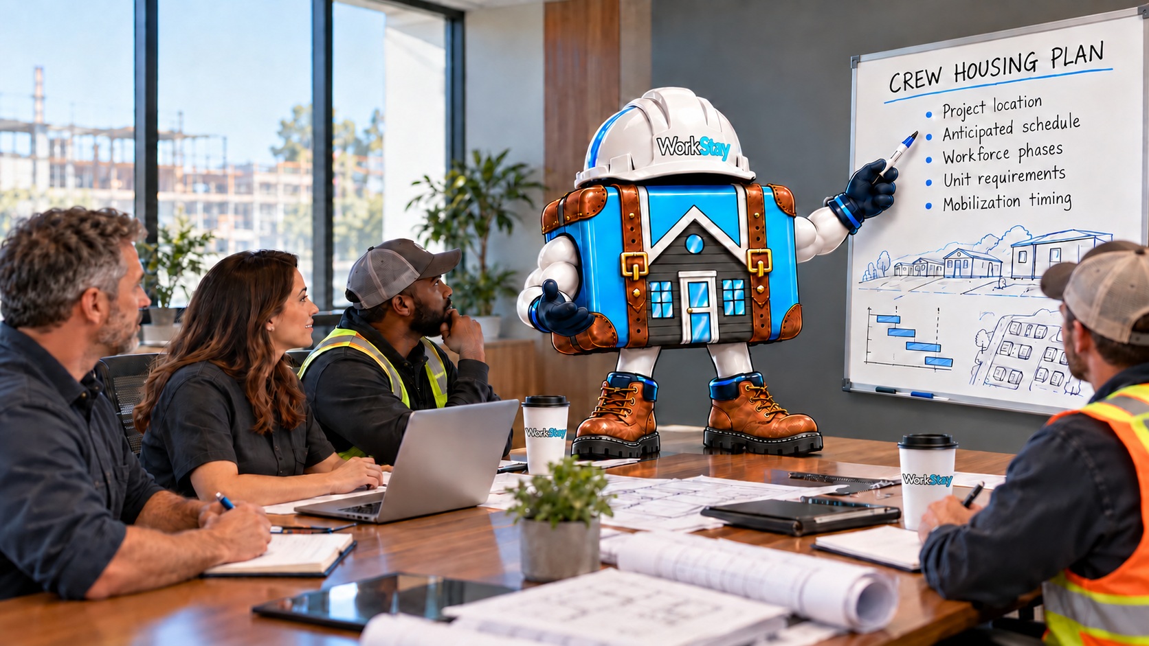 Mascot points to housing notes on a wall mounted whiteboard while professionals meet with WorkStay branded cups.