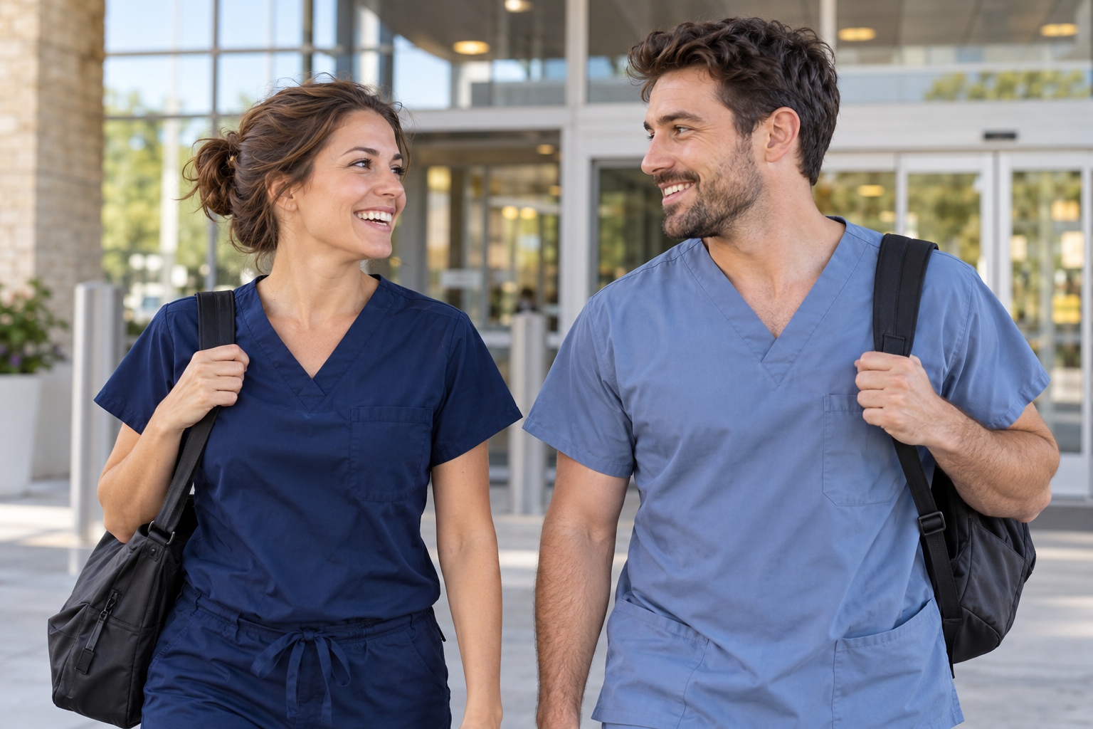 Illustrative healthcare professionals in scrubs leaving a hospital
