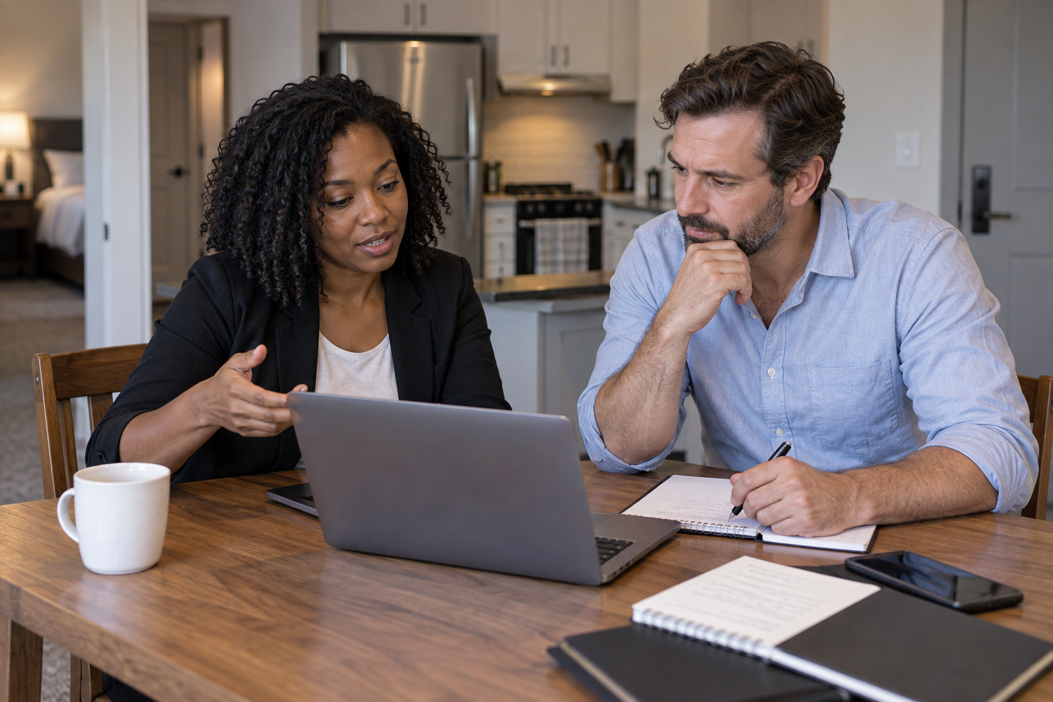 Illustrative business professionals reviewing work together at an apartment dining table