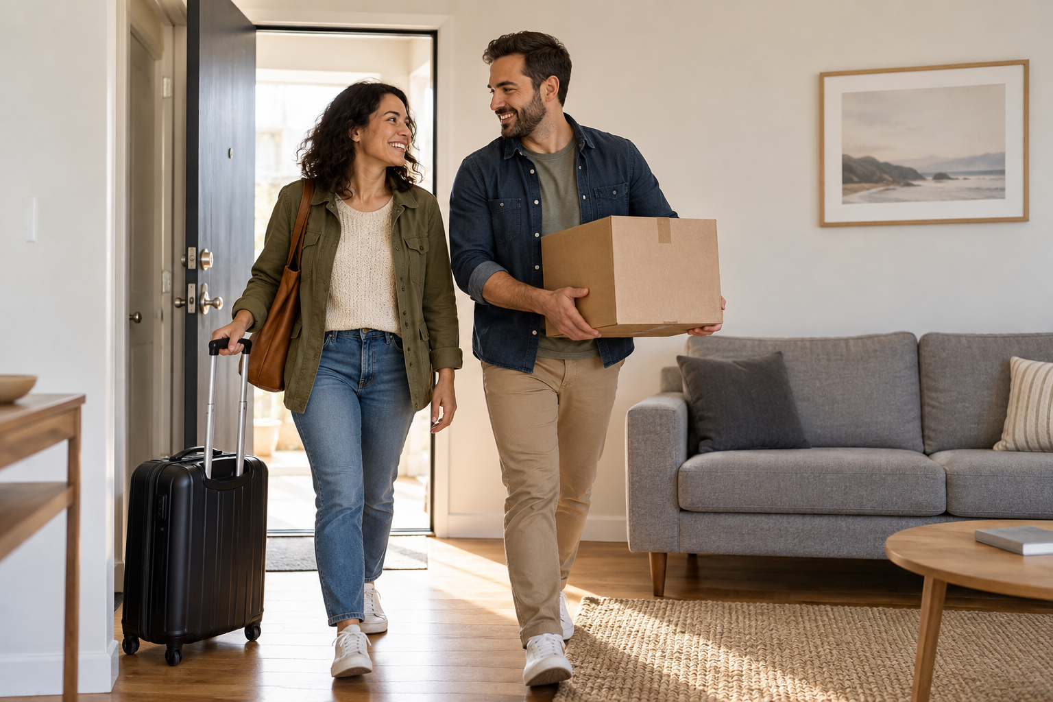 Illustrative couple arriving at a furnished apartment with luggage and a moving box