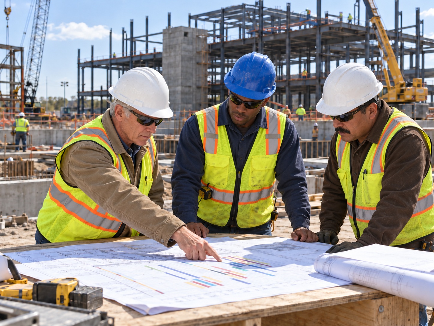 Three distinct male construction professionals review project plans and a schedule.