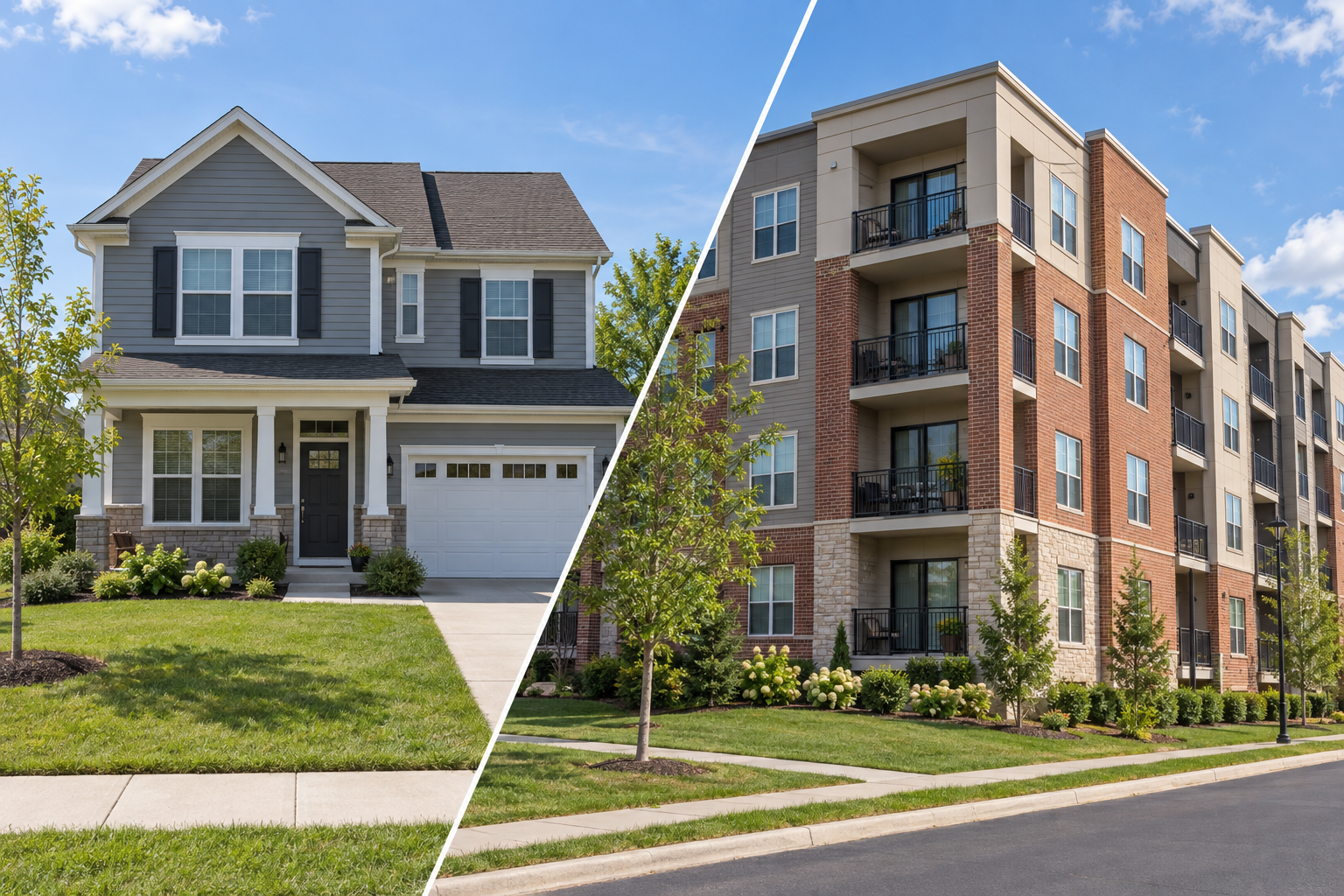 Illustrative diagonal split image of a detached house and an apartment building
