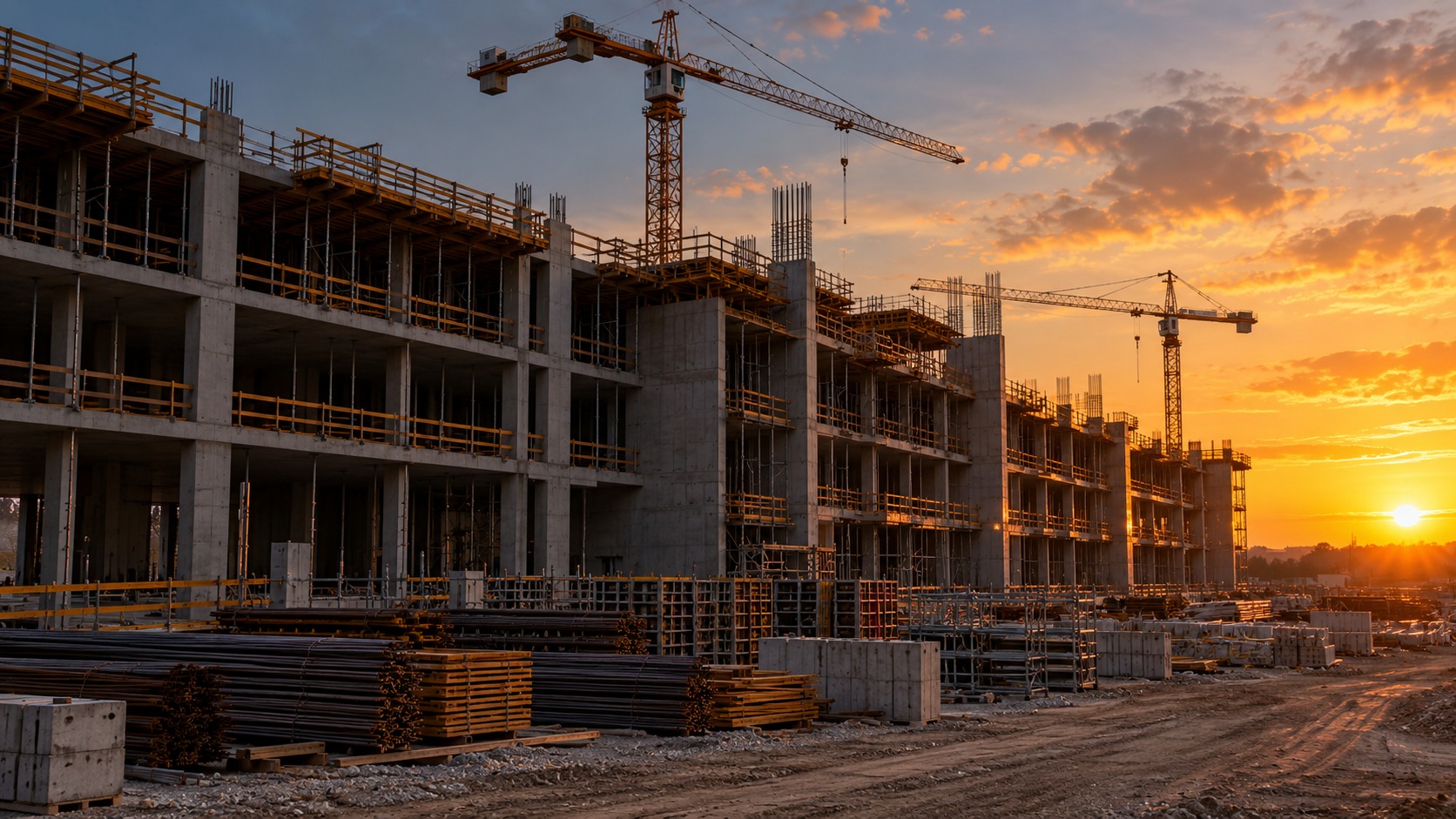 Construction project and cranes at sunset.